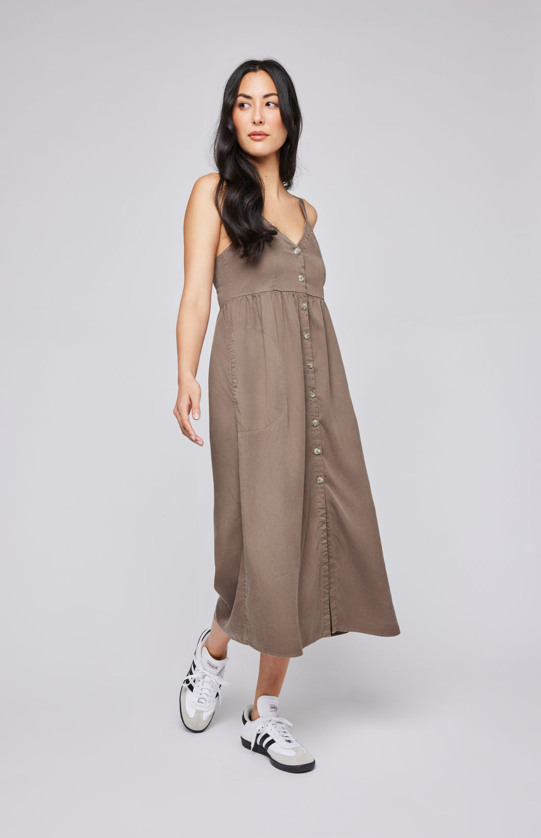 Gentle Fawn olive coloured Jane midi dress. Tencel, Canadian, pockets, adjustable straps