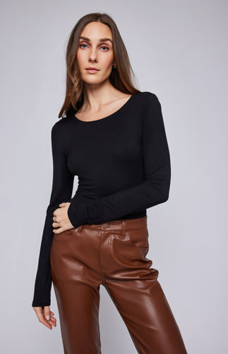 Gentle Fawn long sleeve black top, scoop neck back.