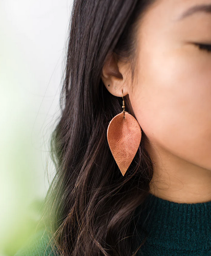 Distressed Leather Leaf Earrings