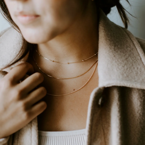 Tiny satellite layering chain necklace gold filled Canadian 16 inches.