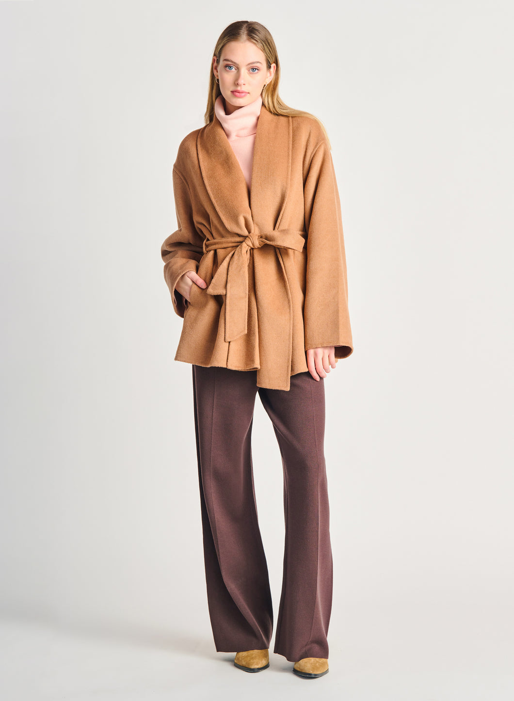 Camel Belted Shawl Collar Coat