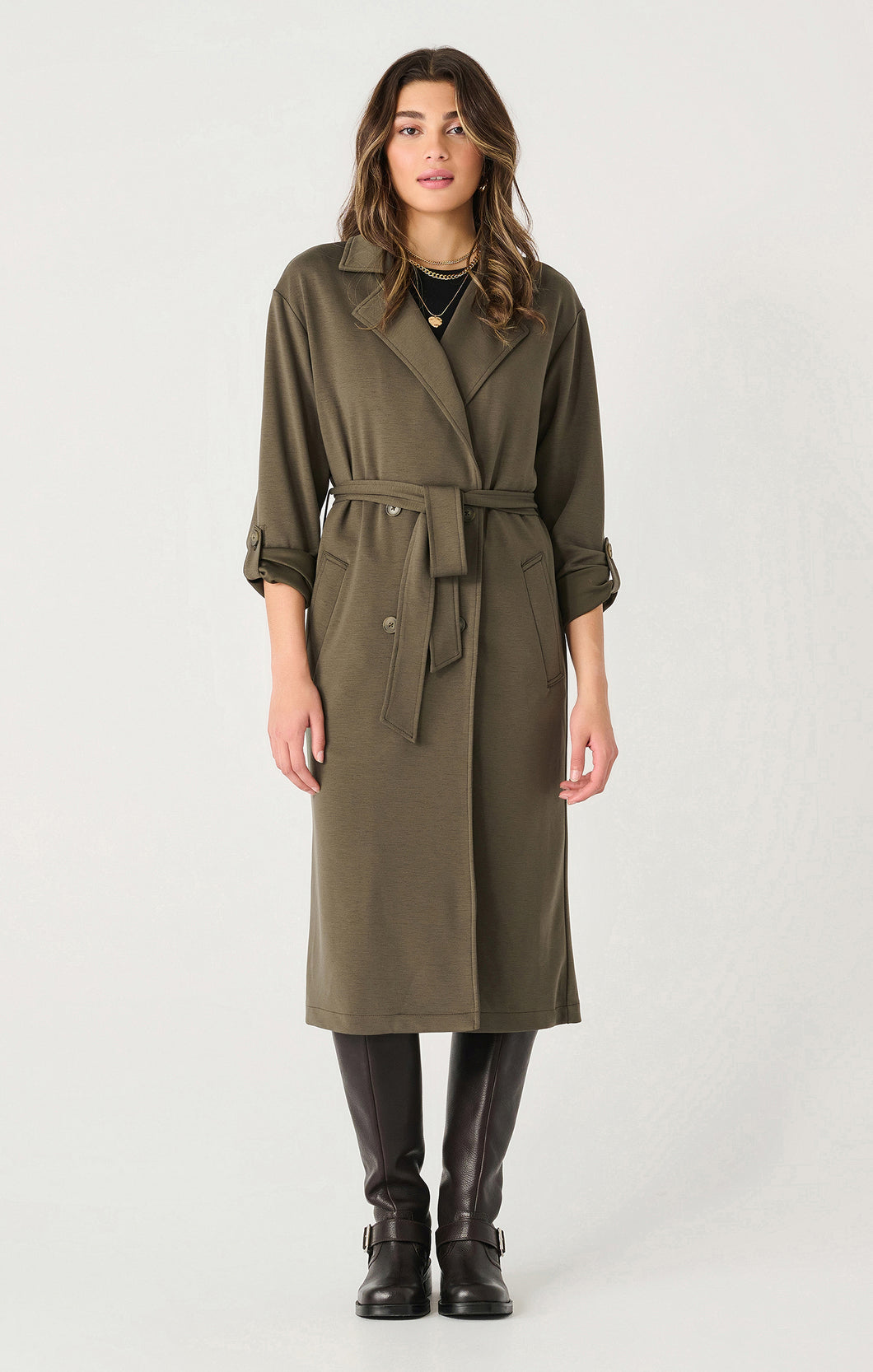 Dex Olive green knit trench Canadian.