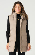 Load image into Gallery viewer, Dex long puffer vest taupe, zipper, pockets, hood, Canadian.
