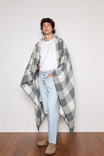 Tofino Towel fair trade cotton muslin grey plaid throw blanket. 